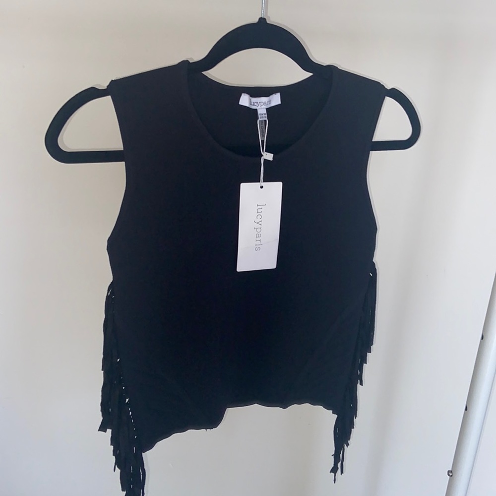 NWT Lucy Paris Black Fringe Fitted Top